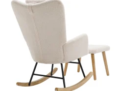 Cadeira de baloiço - cadeira de relaxamento para sala - almofadada com peluche Teddy - com apoio de cabeça e apoio para os pés - base em madeira - branca