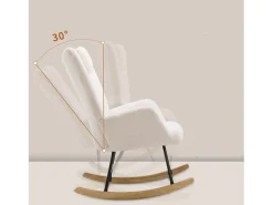 Cadeira de baloiço - cadeira de relaxamento para sala - almofadada com peluche Teddy - com apoio de cabeça e apoio para os pés - base em madeira - branca
