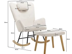Cadeira de baloiço - cadeira de relaxamento para sala - almofadada com peluche Teddy - com apoio de cabeça e apoio para os pés - base em madeira - branca