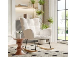 Cadeira de baloiço moderna em veludo Teddy Cadeira de baloiço com braços para sala de estar Quarto Varanda Carga máxima 113 kg Branco