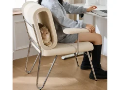 Cadeira de escritório - 77 x 70 x 89 cm - com cama integrada para gatos - braços substituíveis - Madeira + Aço - Bege