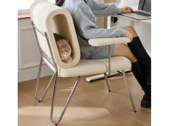 Cadeira de escritório - 77 x 70 x 89 cm - com cama integrada para gatos - braços substituíveis - Madeira + Aço - Bege