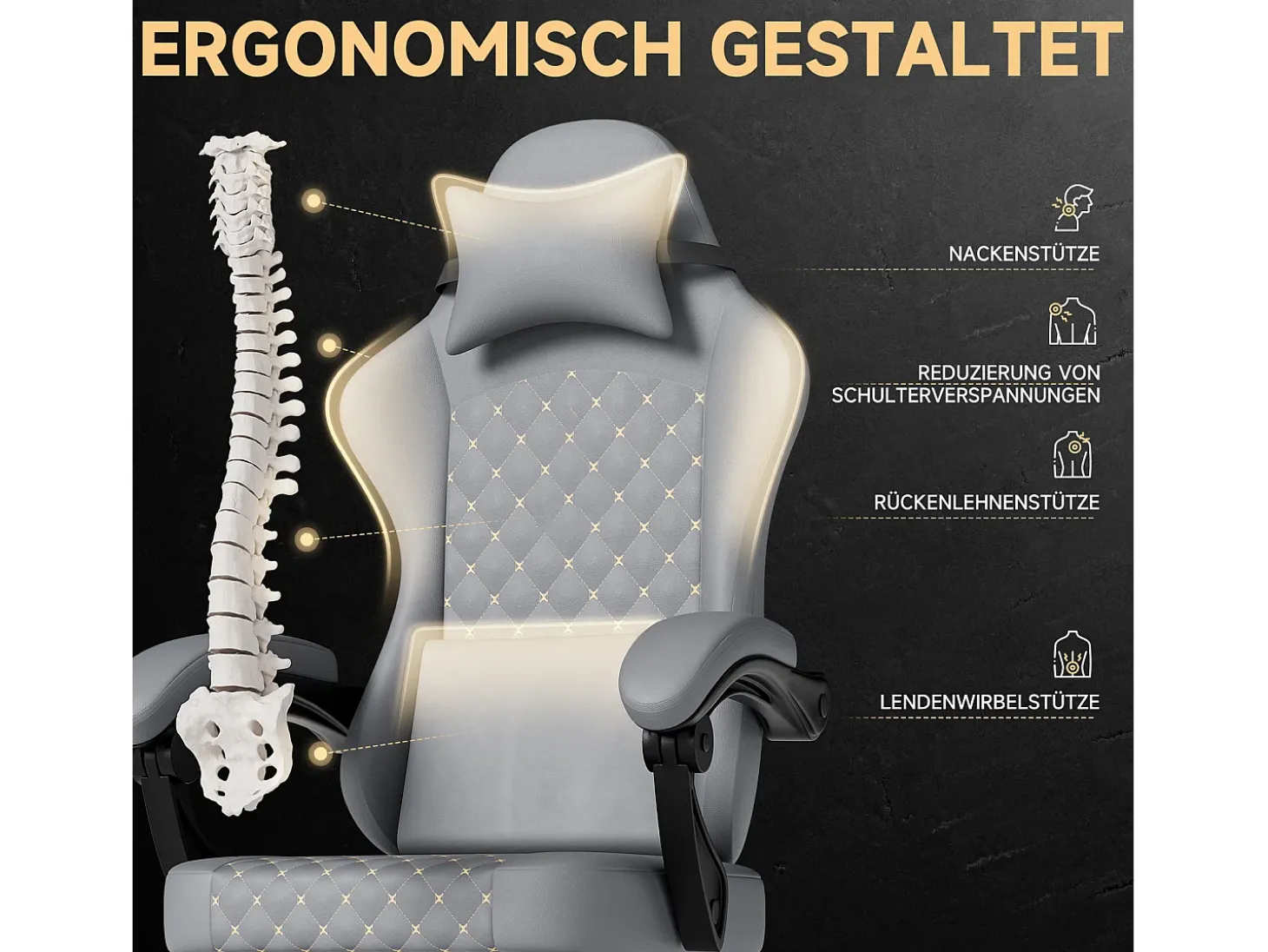 Cadeira de escritório com massagem e apoio para os pés - Cadeira gaming em pele sintética - Preta