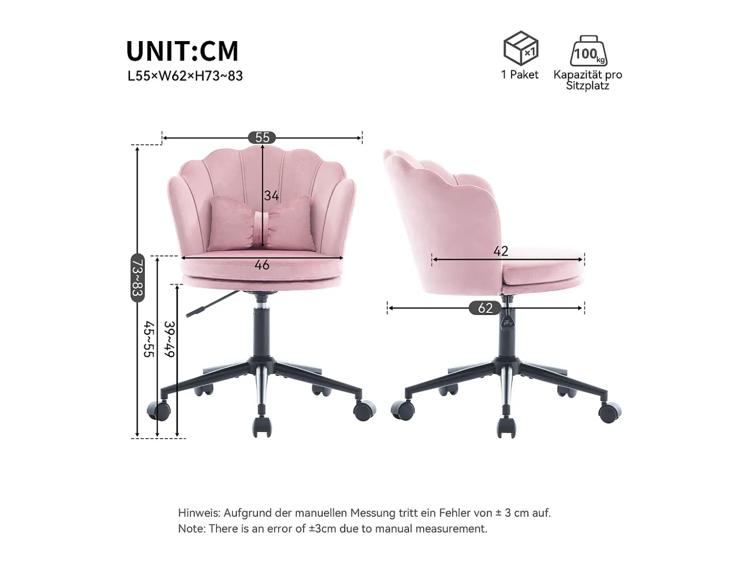 Cadeira de escritório cor-de-rosa, altura ajustável, encosto em forma de pétala