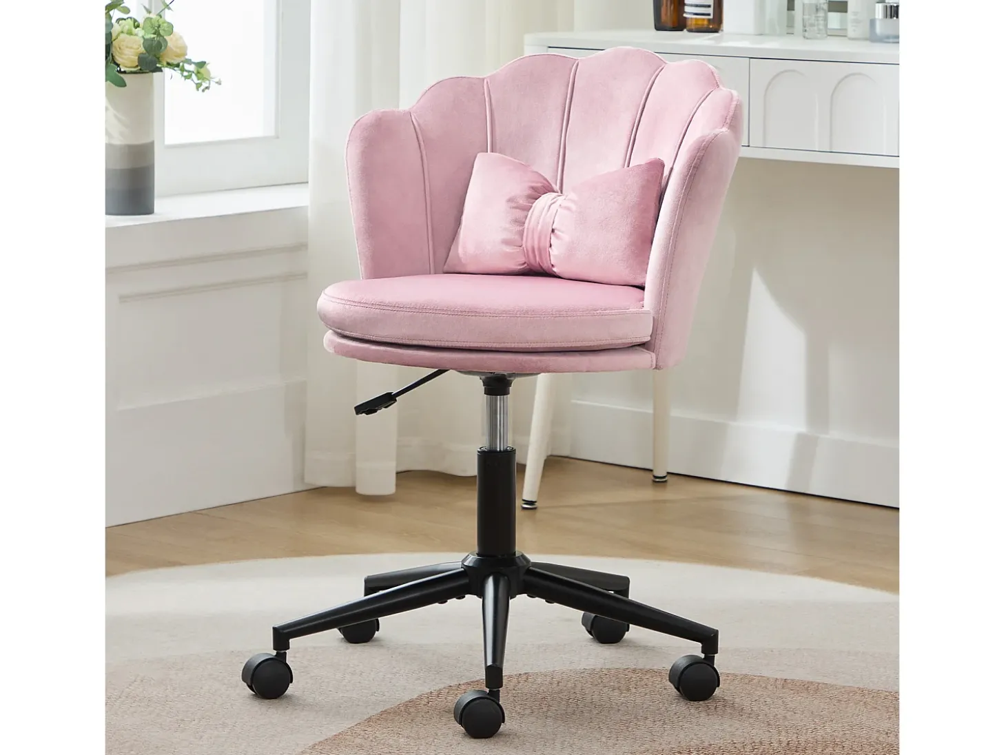 Cadeira de escritório cor-de-rosa, altura ajustável, encosto em forma de pétala