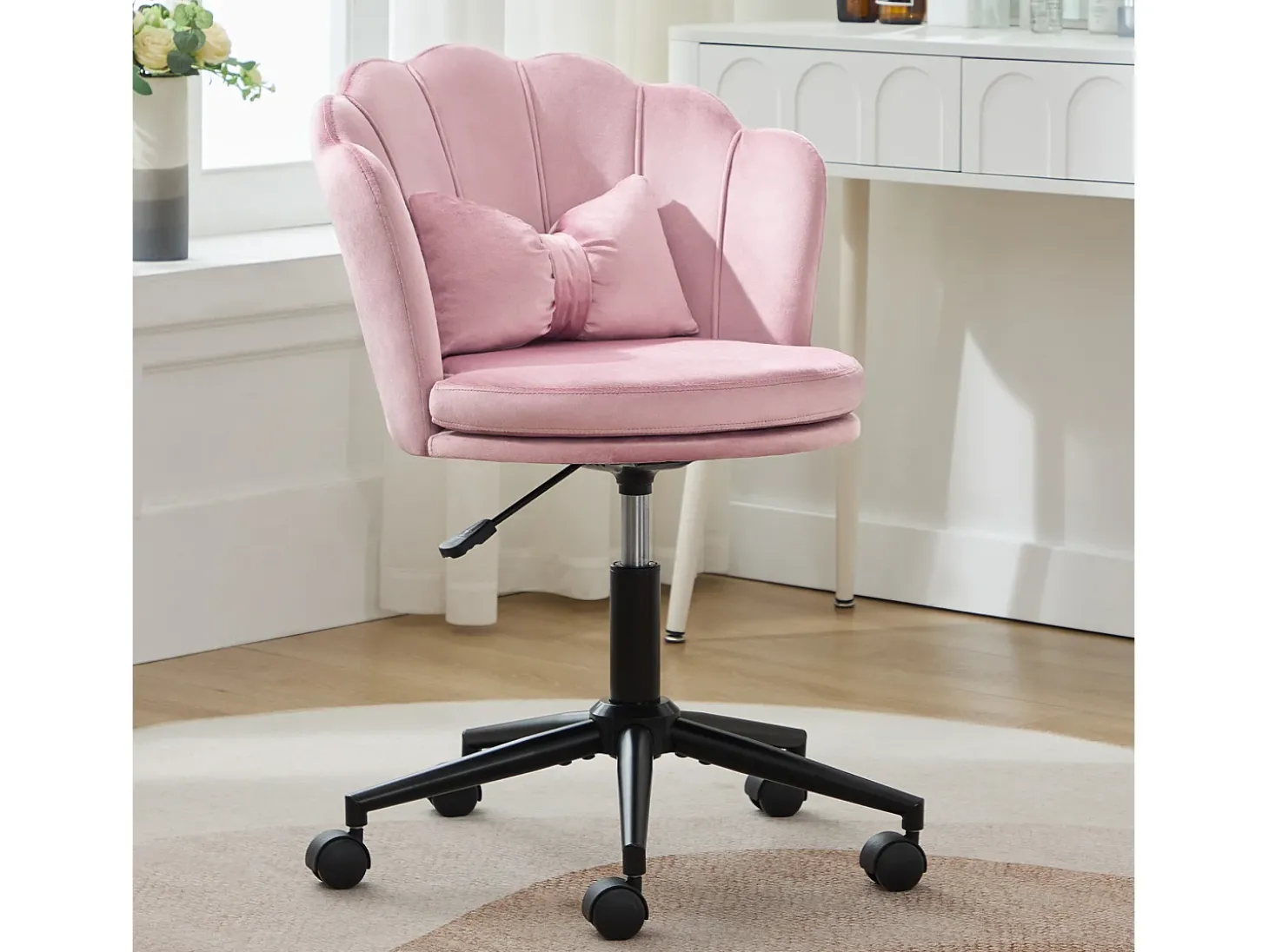 Cadeira de escritório cor-de-rosa, altura ajustável, encosto em forma de pétala