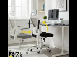 Cadeira de escritório ergonómica com apoios para os braços e apoio de cabeça oscilante, branca e cinzenta - ZIK