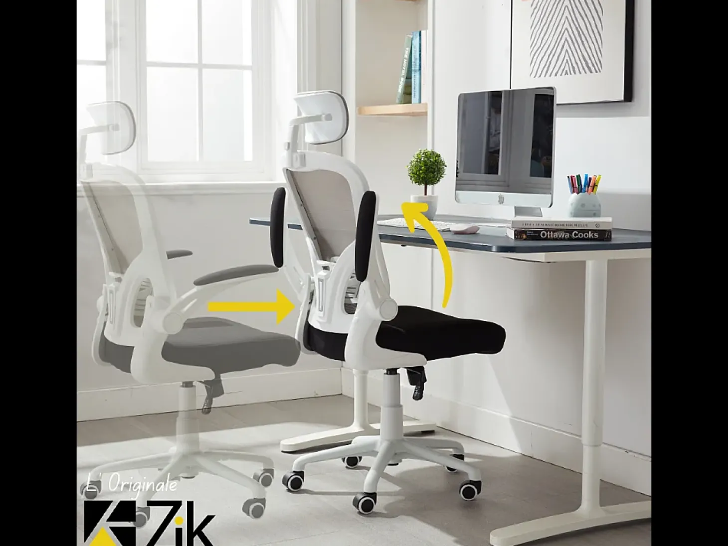 Cadeira de escritório ergonómica com apoios para os braços e apoio de cabeça oscilante, branca e cinzenta - ZIK