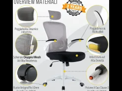 Cadeira de escritório ergonómica com apoios para os braços e apoio de cabeça oscilante, branca e cinzenta - ZIK