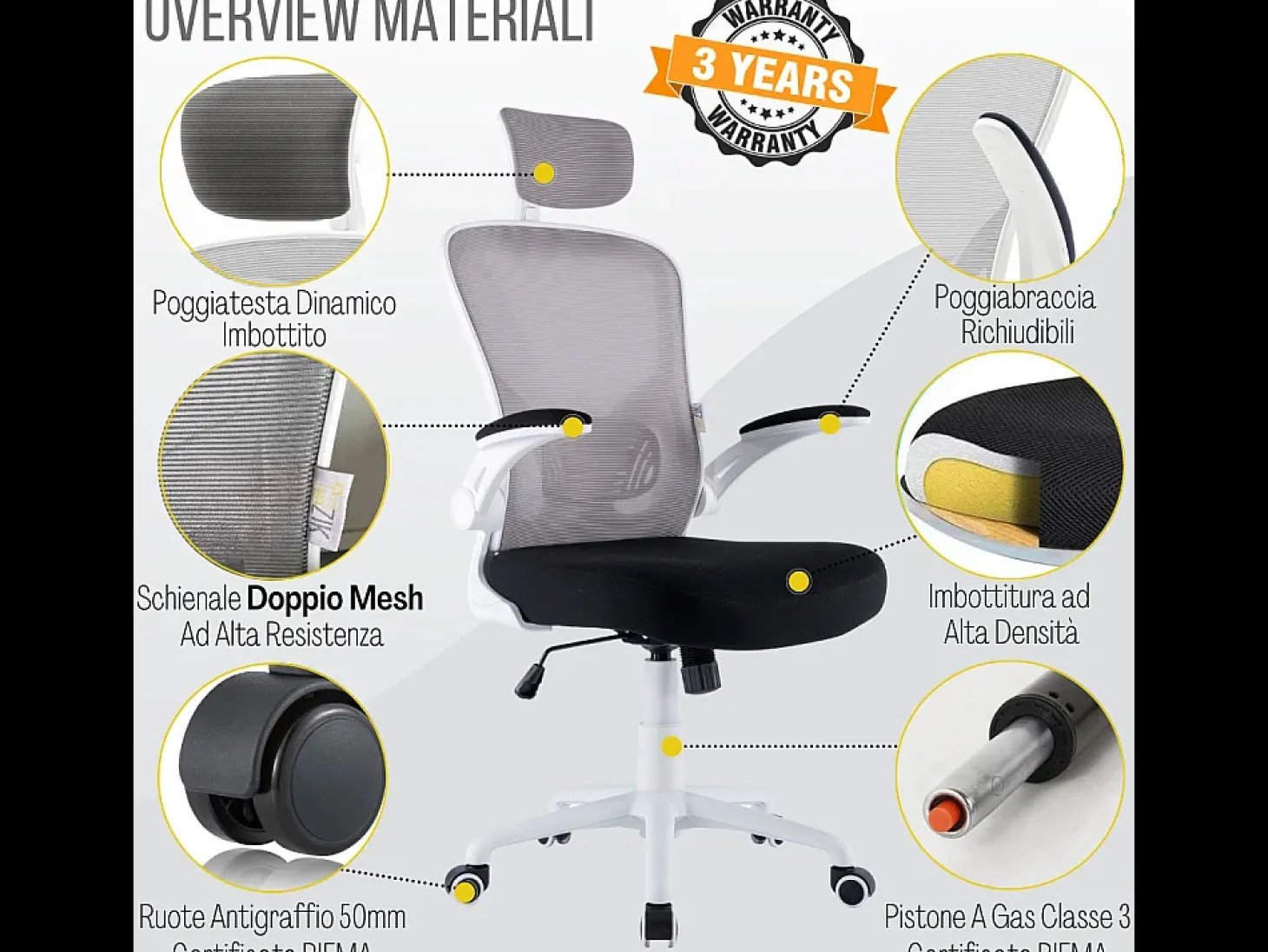Cadeira de escritório ergonómica com apoios para os braços e apoio de cabeça oscilante, branca e cinzenta - ZIK
