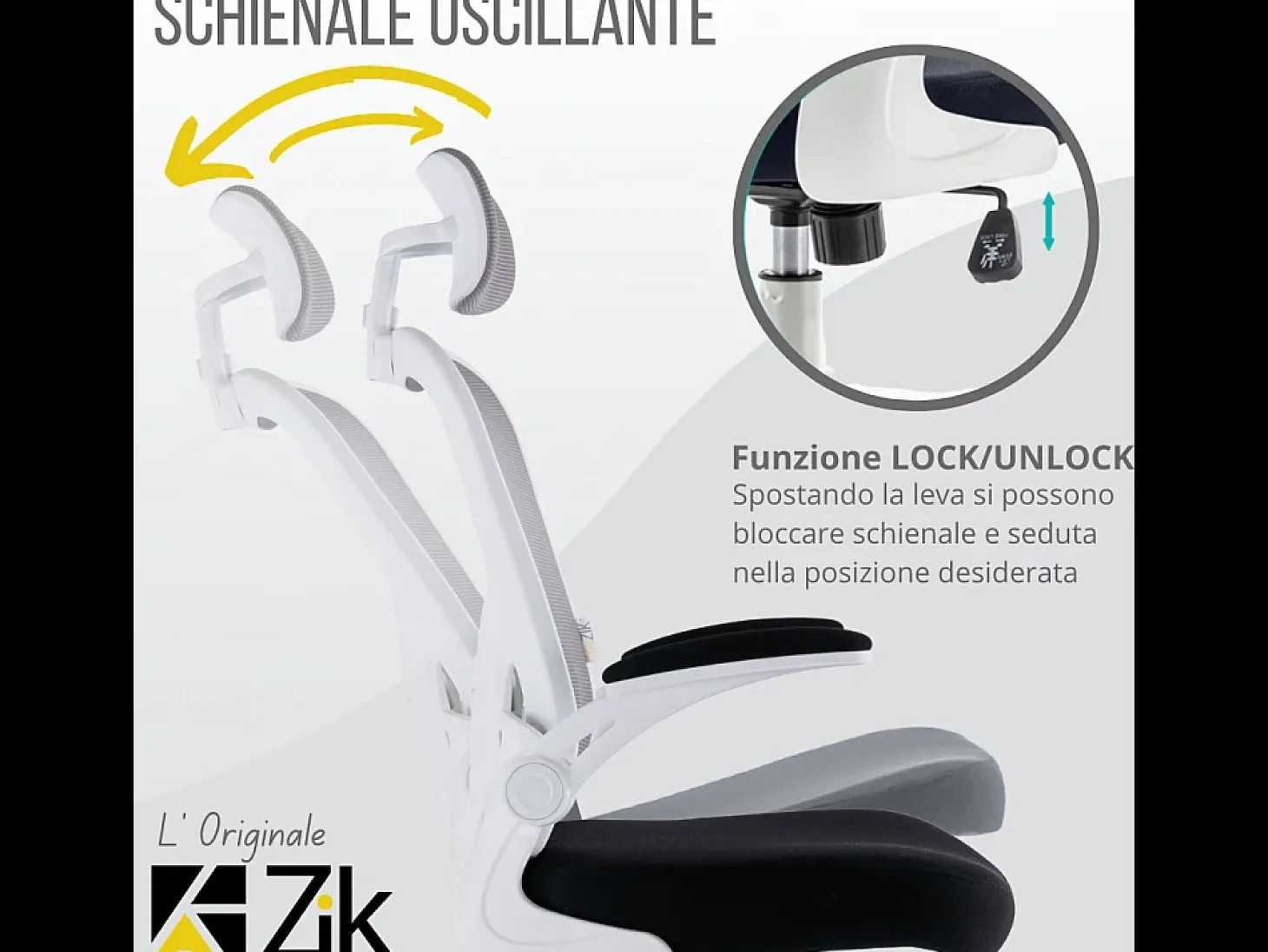 Cadeira de escritório ergonómica com apoios para os braços e apoio de cabeça oscilante, branca e cinzenta - ZIK