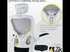Cadeira de escritório ergonómica com apoios para os braços e apoio de cabeça oscilante, branca e cinzenta - ZIK
