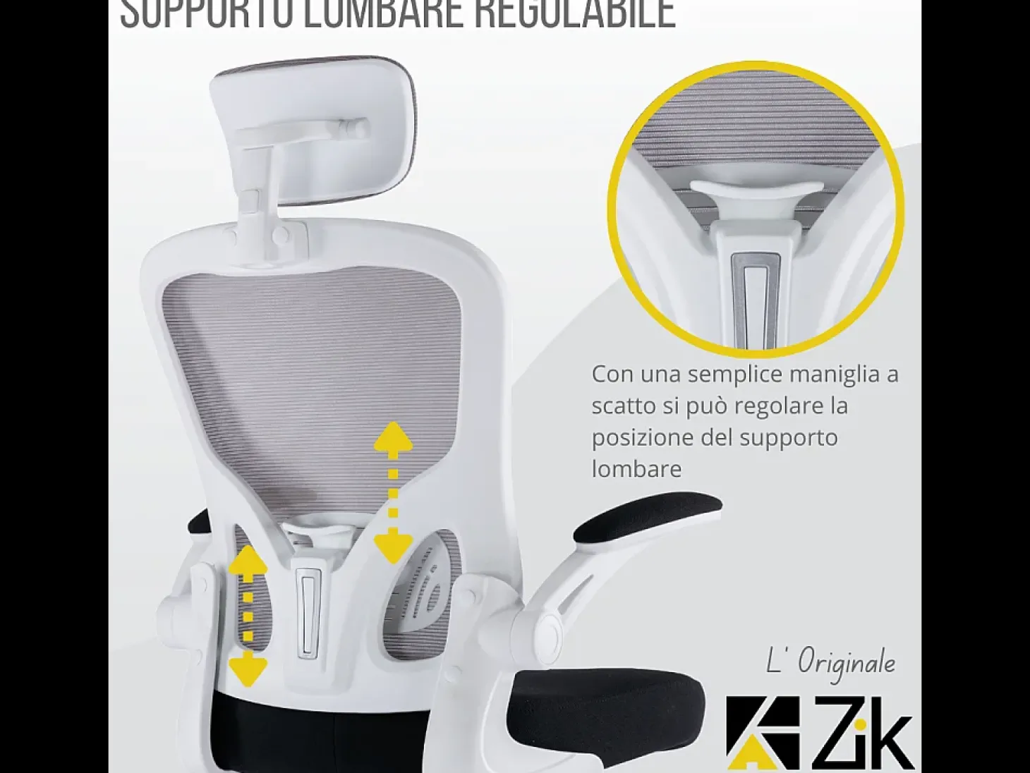 Cadeira de escritório ergonómica com apoios para os braços e apoio de cabeça oscilante, branca e cinzenta - ZIK
