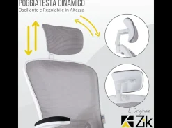 Cadeira de escritório ergonómica com apoios para os braços e apoio de cabeça oscilante, branca e cinzenta - ZIK