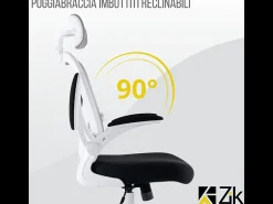 Cadeira de escritório ergonómica com apoios para os braços e apoio de cabeça oscilante, branca e cinzenta - ZIK