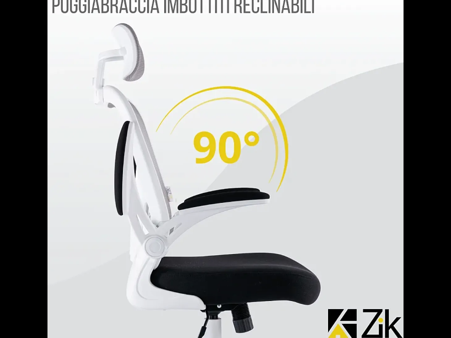 Cadeira de escritório ergonómica com apoios para os braços e apoio de cabeça oscilante, branca e cinzenta - ZIK