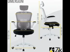 Cadeira de escritório ergonómica com apoios para os braços e apoio de cabeça oscilante, branca e cinzenta - ZIK