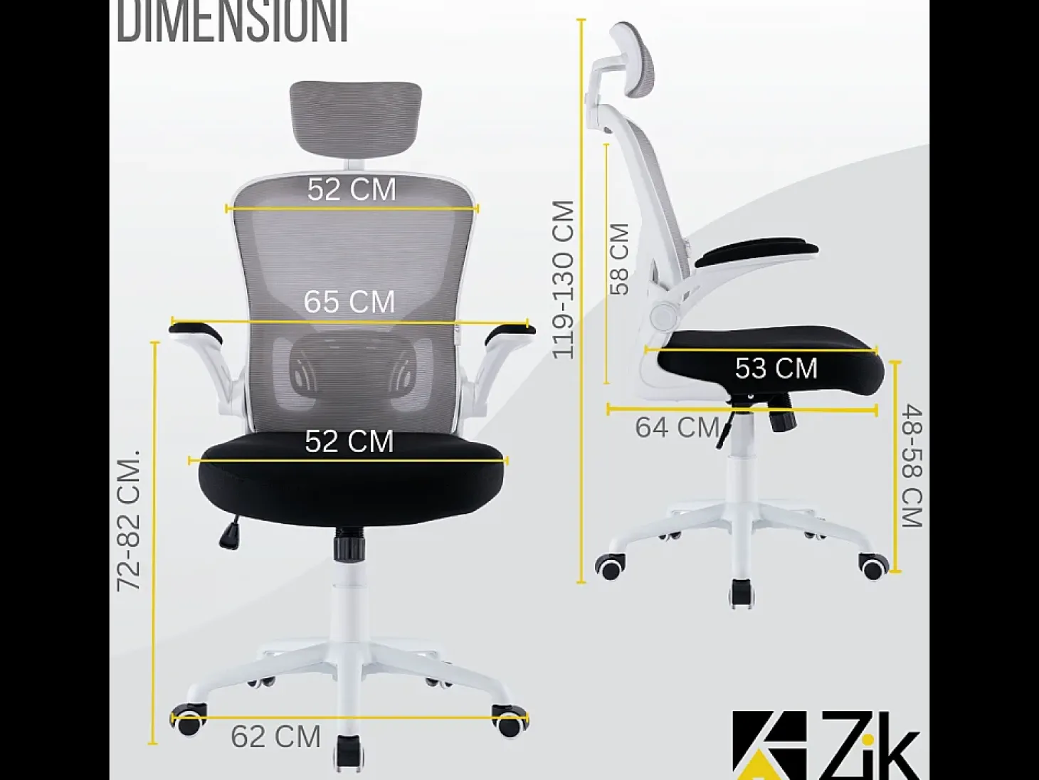 Cadeira de escritório ergonómica com apoios para os braços e apoio de cabeça oscilante, branca e cinzenta - ZIK