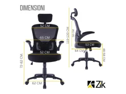 Cadeira de escritório ergonómica com apoios para os braços e apoio de cabeça executivo, ajustável em altura, Preto - ZIK