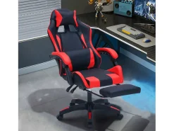 Cadeira de Escritório Gaming Ergonómica Reclinável Preto e Vermelho com Apoio para Pés e Almofadas