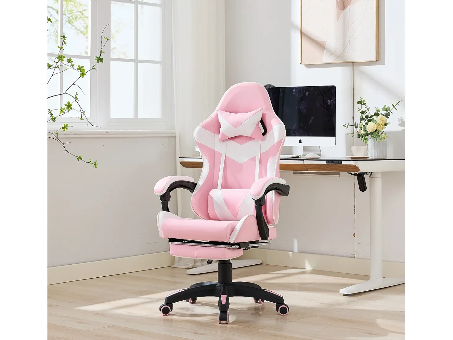 Cadeira de escritório giratória com função de massagem em pele sintética - Altura ajustável - Rosa e branco