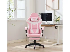 Cadeira de escritório giratória com função de massagem em pele sintética - Altura ajustável - Rosa e branco