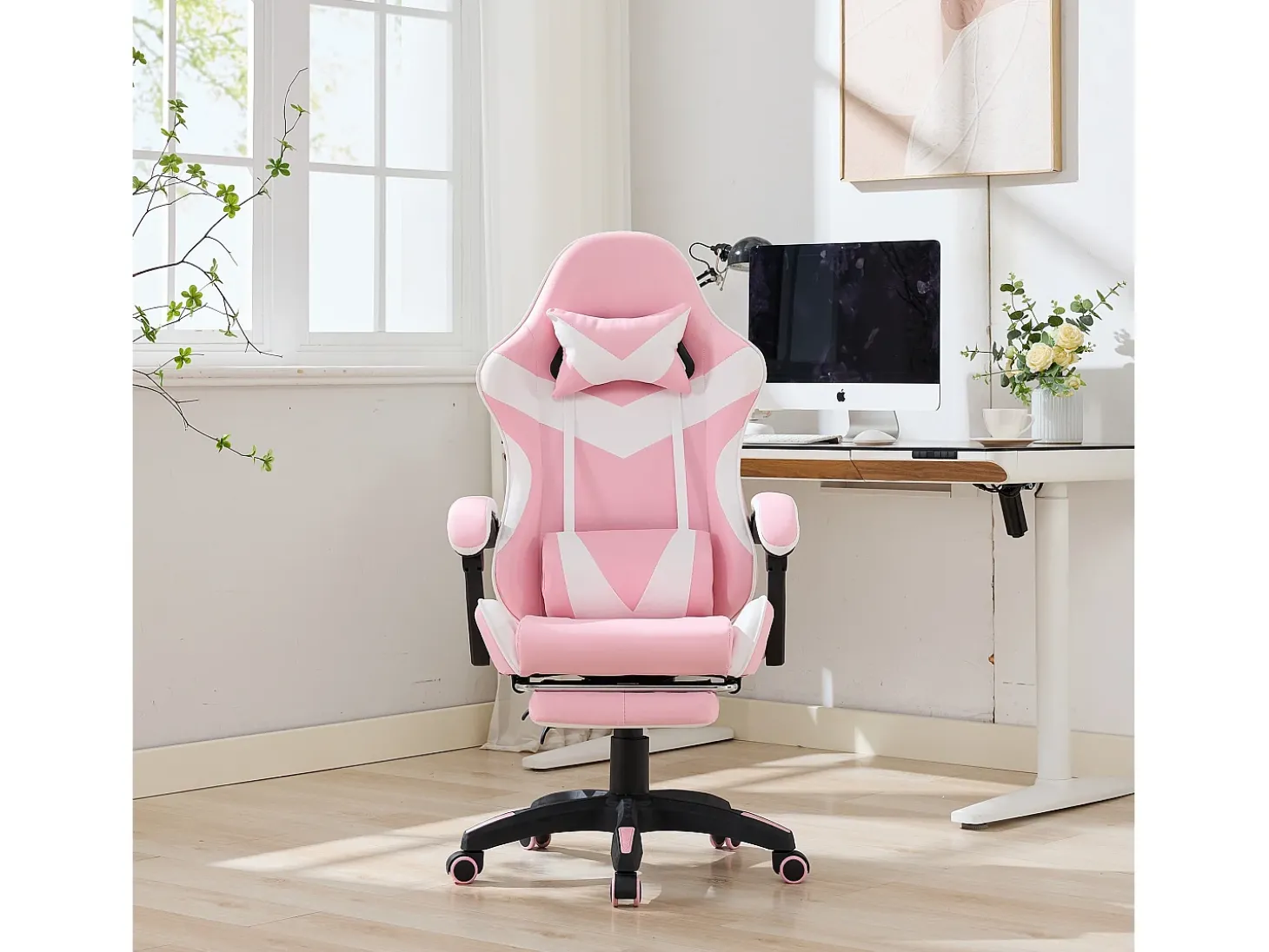 Cadeira de escritório giratória com função de massagem em pele sintética - Altura ajustável - Rosa e branco