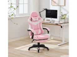 Cadeira de escritório giratória com função de massagem em pele sintética - Altura ajustável - Rosa e branco