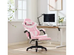 Cadeira de escritório giratória com função de massagem em pele sintética - Altura ajustável - Rosa e branco