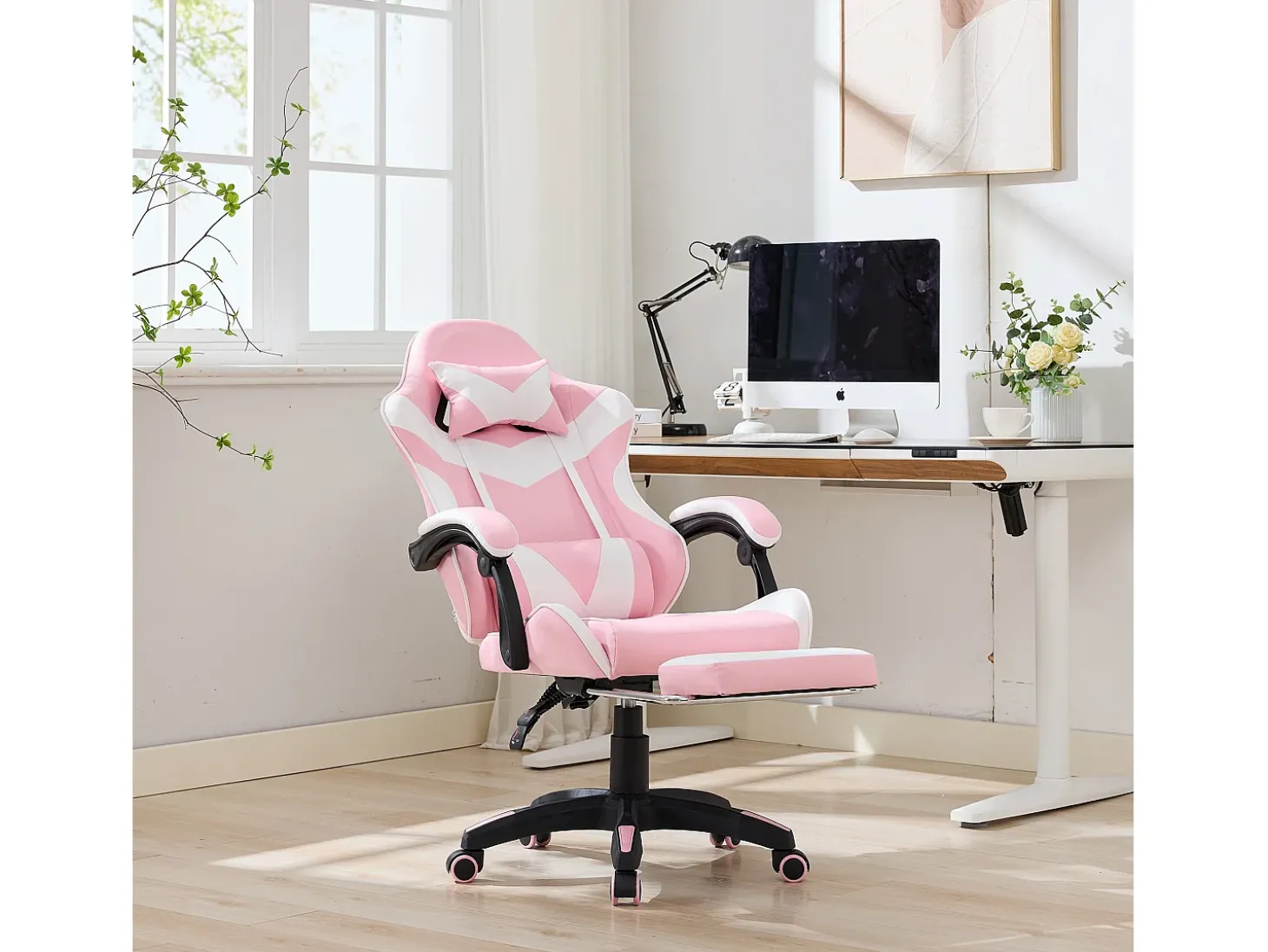 Cadeira de escritório giratória com função de massagem em pele sintética - Altura ajustável - Rosa e branco