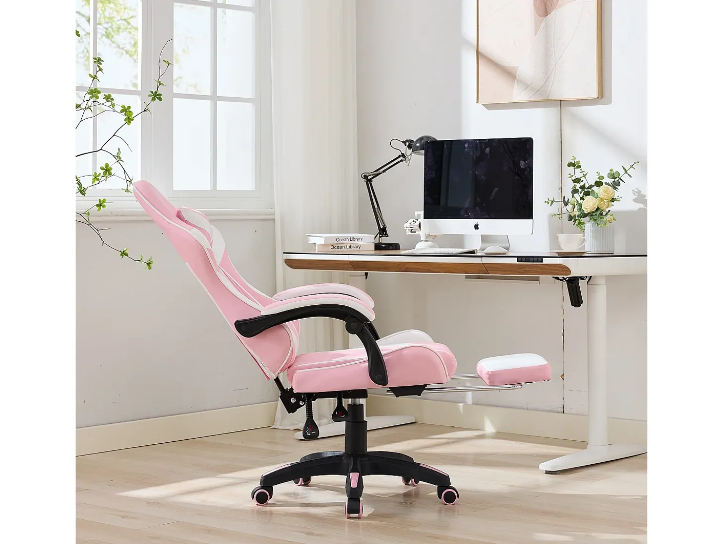 Cadeira de escritório giratória com função de massagem em pele sintética - Altura ajustável - Rosa e branco