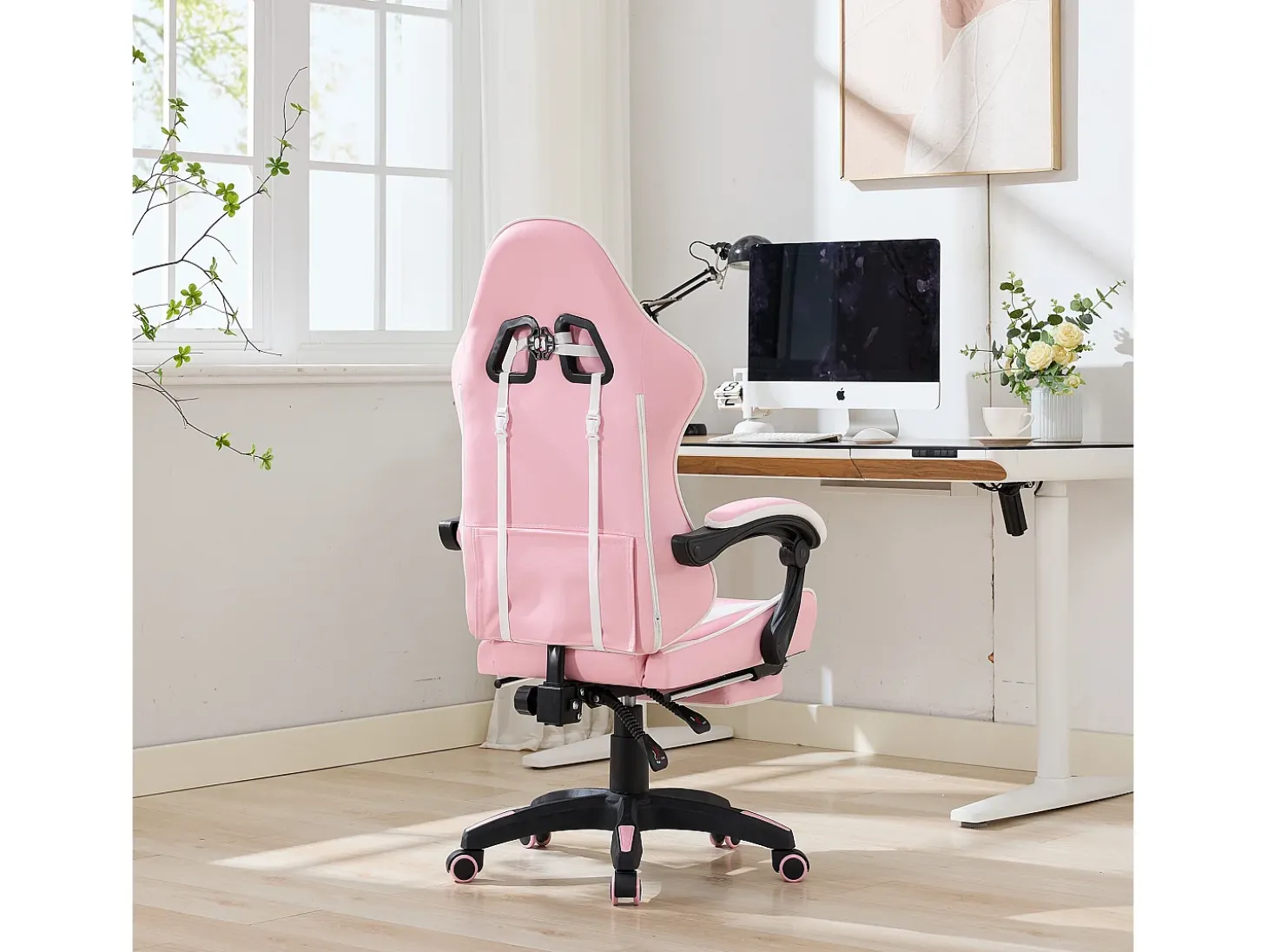 Cadeira de escritório giratória com função de massagem em pele sintética - Altura ajustável - Rosa e branco
