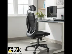 Cadeira de escritório giratória ergonómica com apoios de braços e apoio de cabeça, com apoio lombar, ajustável em altura em tecido, preta - ZIK