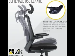 Cadeira de escritório giratória ergonómica com apoios de braços e apoio de cabeça, com apoio lombar, ajustável em altura em tecido, preta - ZIK