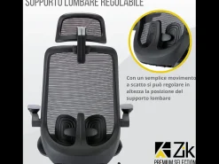 Cadeira de escritório giratória ergonómica com apoios de braços e apoio de cabeça, com apoio lombar, ajustável em altura em tecido, preta - ZIK