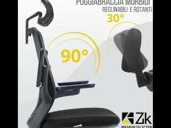 Cadeira de escritório giratória ergonómica com apoios de braços e apoio de cabeça, com apoio lombar, ajustável em altura em tecido, preta - ZIK