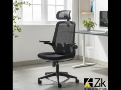 Cadeira de escritório giratória ergonómica com apoios de braços e apoio de cabeça, com apoio lombar, ajustável em altura em tecido, preta - ZIK
