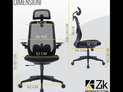 Cadeira de escritório giratória ergonómica com apoios de braços e apoio de cabeça, com apoio lombar, ajustável em altura em tecido, preta - ZIK