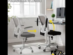 Cadeira de secretária giratória ergonómica com apoios para os braços, tecido ajustável, Branco - ZIK