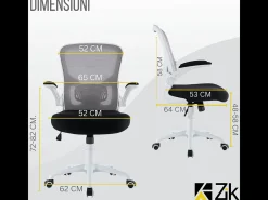 Cadeira de secretária giratória ergonómica com apoios para os braços, tecido ajustável, Branco - ZIK