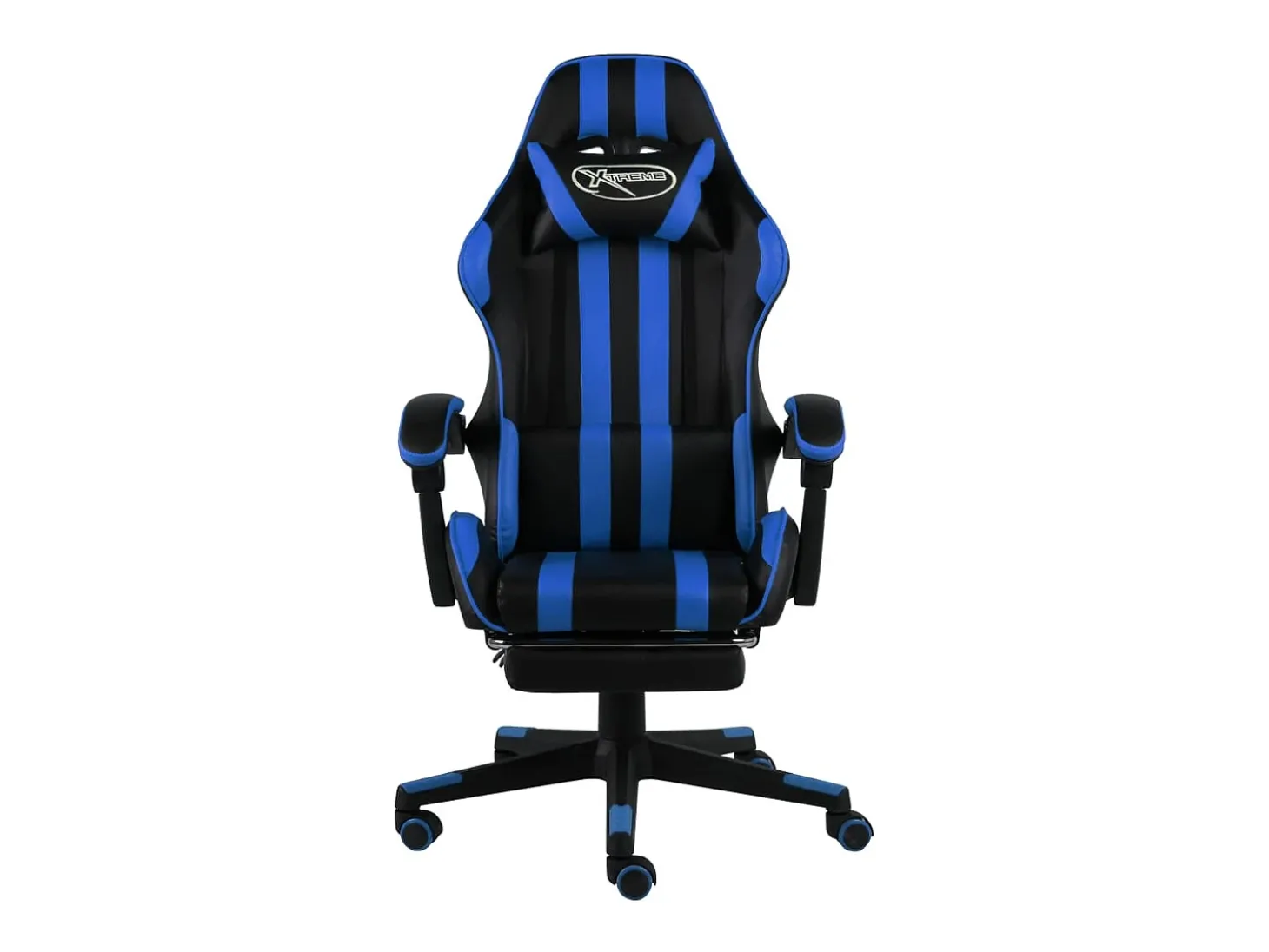 Cadeira estilo corrida c/ apoio pés couro artificial preto/azul