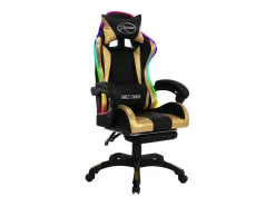 Cadeira estilo corrida luzes LED RGB couro artif. dourado/preto