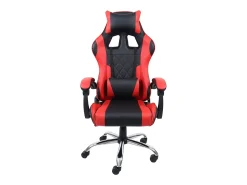 Cadeira gamer Legend com almofada lombar e apoio de cabeça em tecido preto e vermelho.