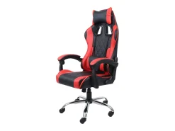 Cadeira gamer Legend com almofada lombar e apoio de cabeça em tecido preto e vermelho.