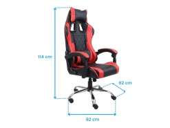 Cadeira gamer Legend com almofada lombar e apoio de cabeça em tecido preto e vermelho.