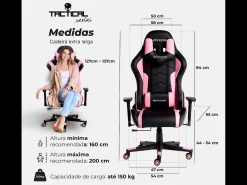 Cadeira Gaming – ergonómica,altamente ajustável, suporta até 150 kg – Tactical, Preta e Rosa