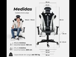 Cadeira Gaming – ergonómica, altamente ajustável – Skilled, Preta e Branca