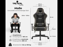 Cadeira Gaming – extra larga, altamente ajustável, em tecido – Tactical, Cinzenta