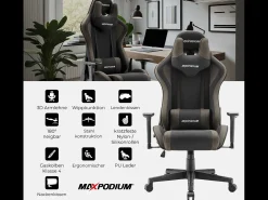 Cadeira Gaming – extra larga, altamente ajustável, em tecido – Tactical, Cinzenta