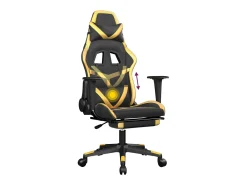 Cadeira gaming c/ apoio pés couro artificial preto e dourado
